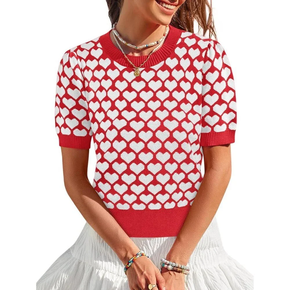 Women Puff Sleeve Sweater Cropped Knit Top Valentine's Day Cute Heart - Picture 2 of 5